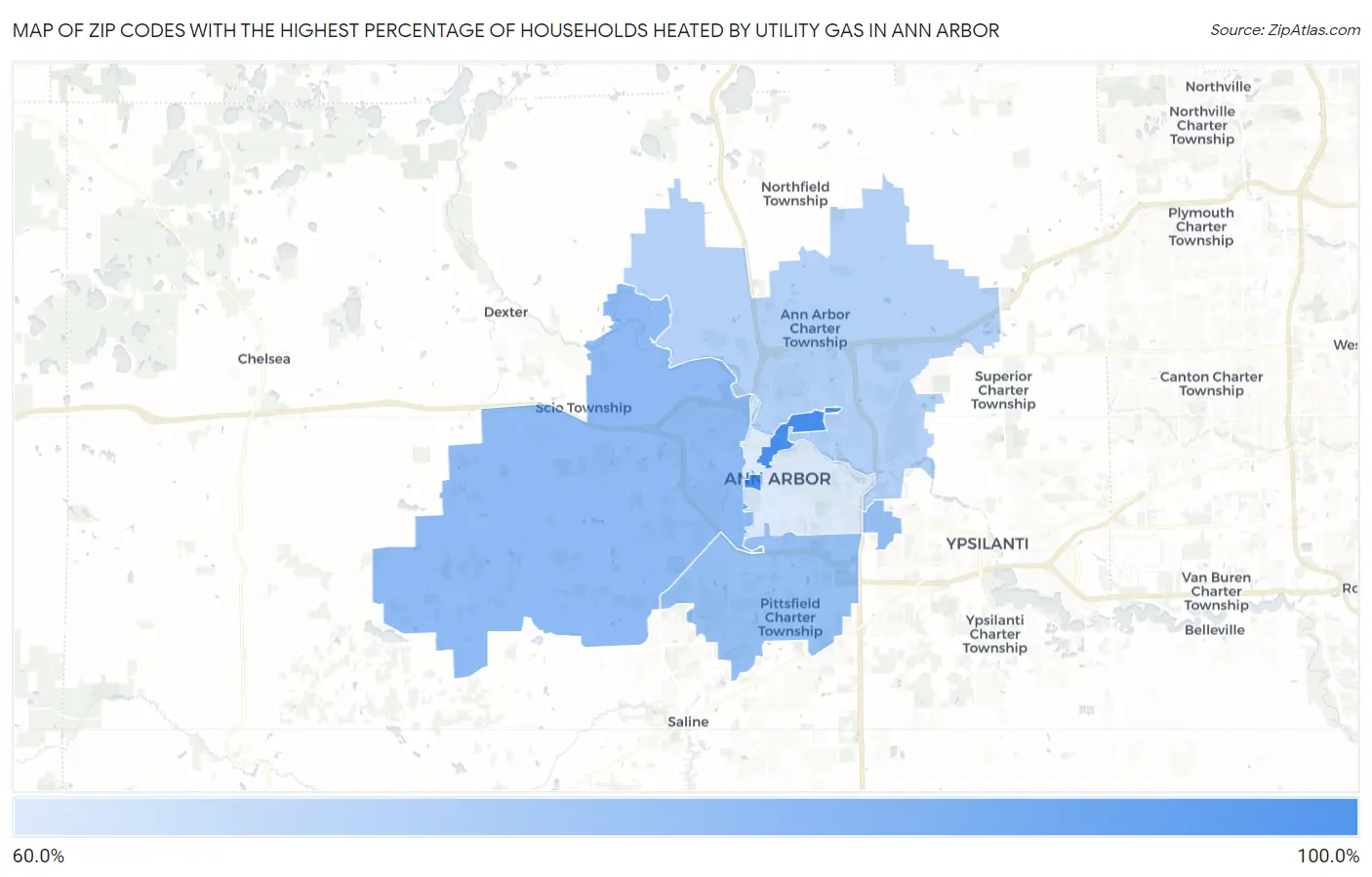 Zip Codes with the Highest Percentage of Households Heated by Utility Gas in Ann Arbor Map
