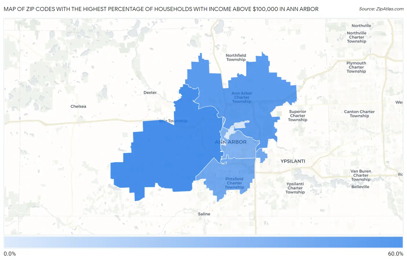 Zip Codes with the Highest Percentage of Households with Income Above $100,000 in Ann Arbor Map