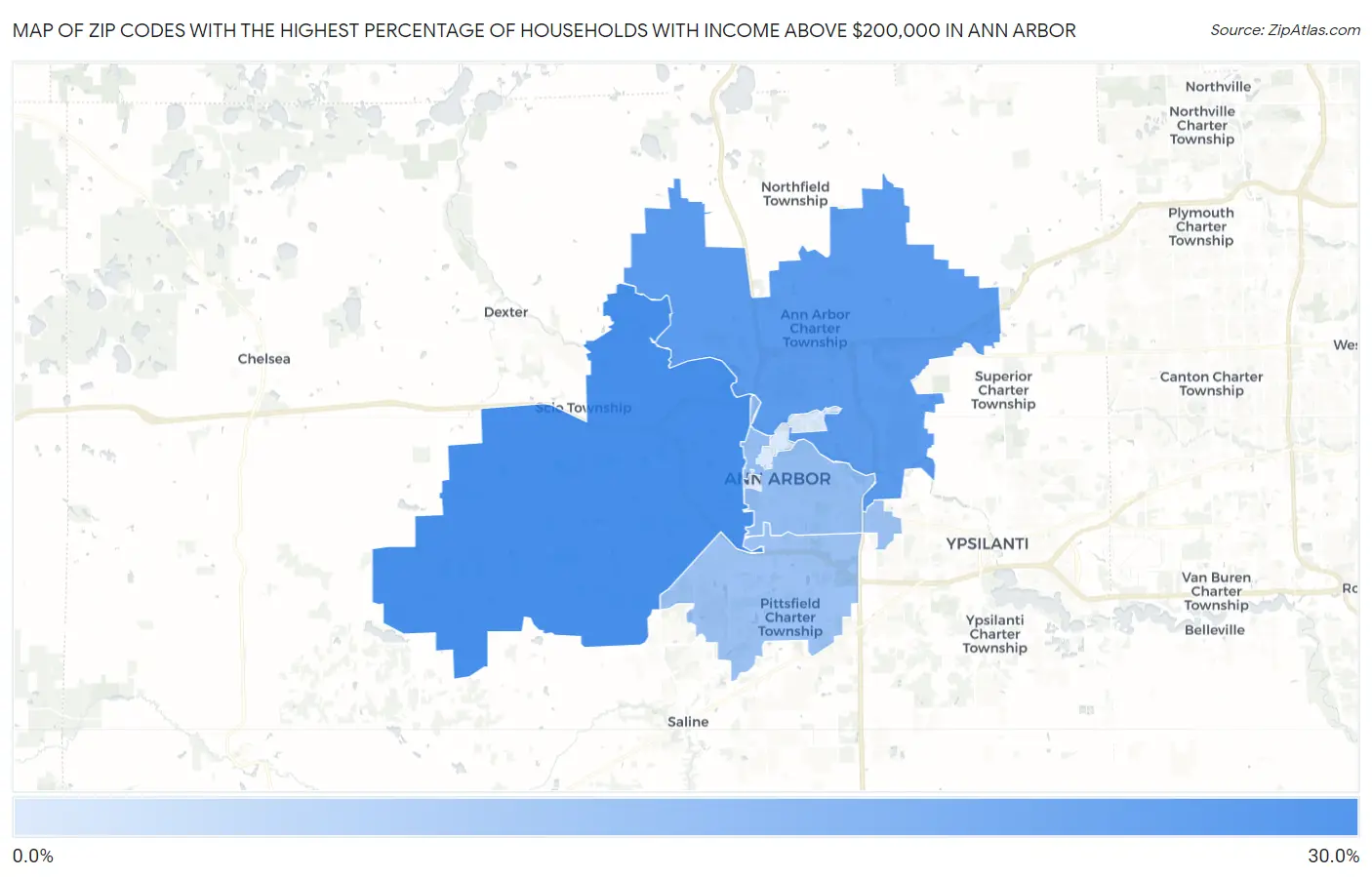 Zip Codes with the Highest Percentage of Households with Income Above $200,000 in Ann Arbor Map