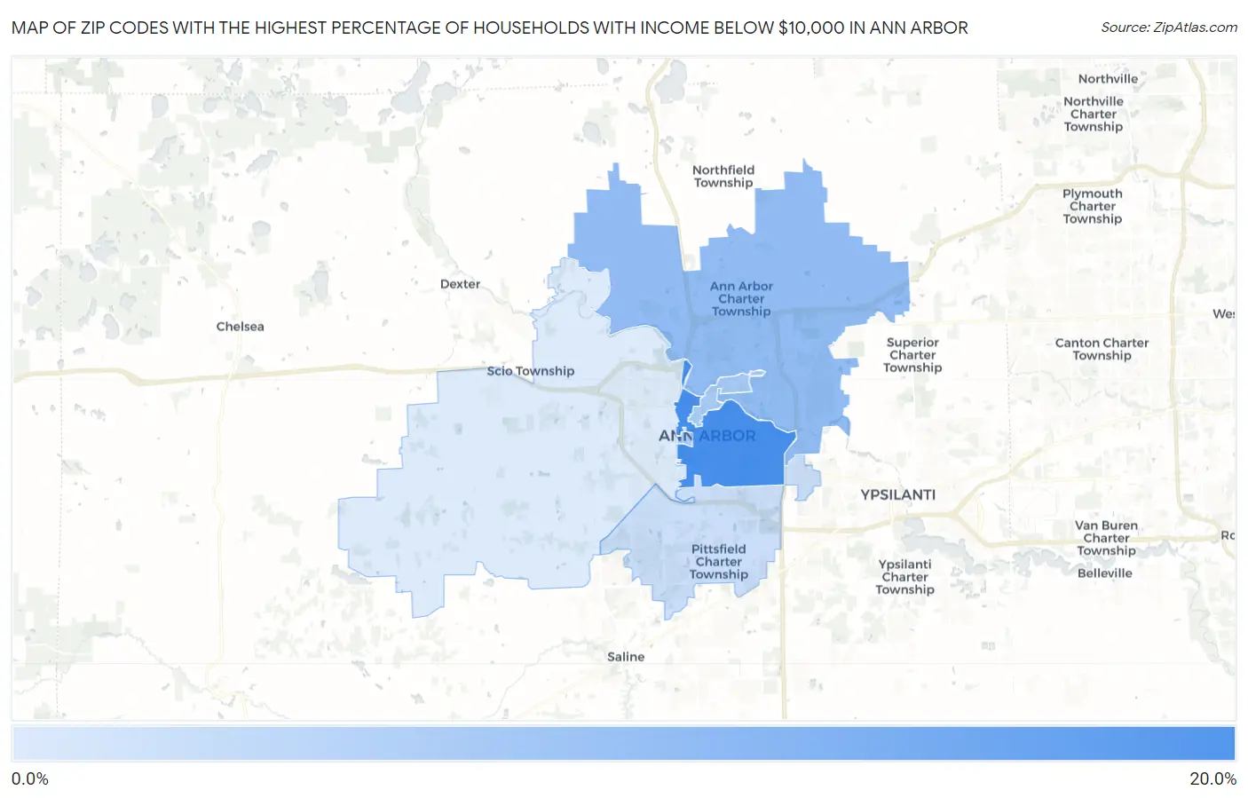 Zip Codes with the Highest Percentage of Households with Income Below $10,000 in Ann Arbor Map