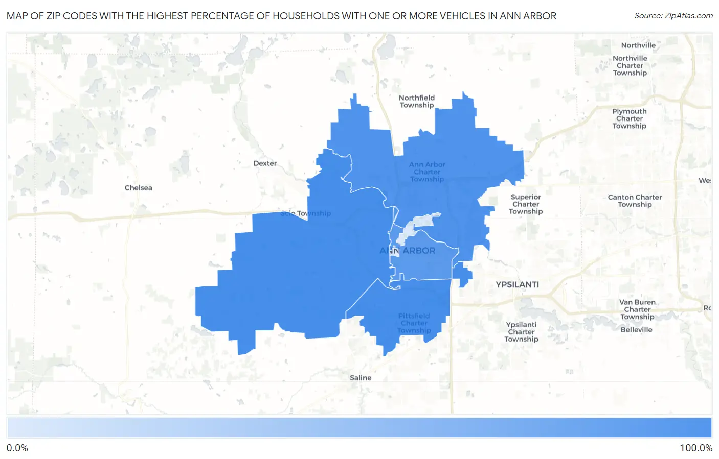 Zip Codes with the Highest Percentage of Households With One or more Vehicles in Ann Arbor Map