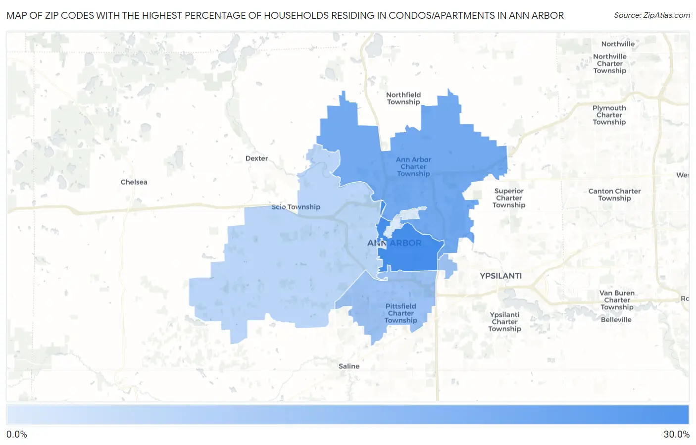 Zip Codes with the Highest Percentage of Households Residing in Condos/Apartments in Ann Arbor Map