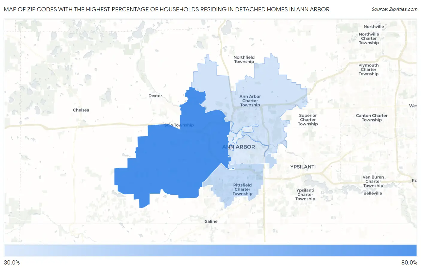 Zip Codes with the Highest Percentage of Households Residing in Detached Homes in Ann Arbor Map