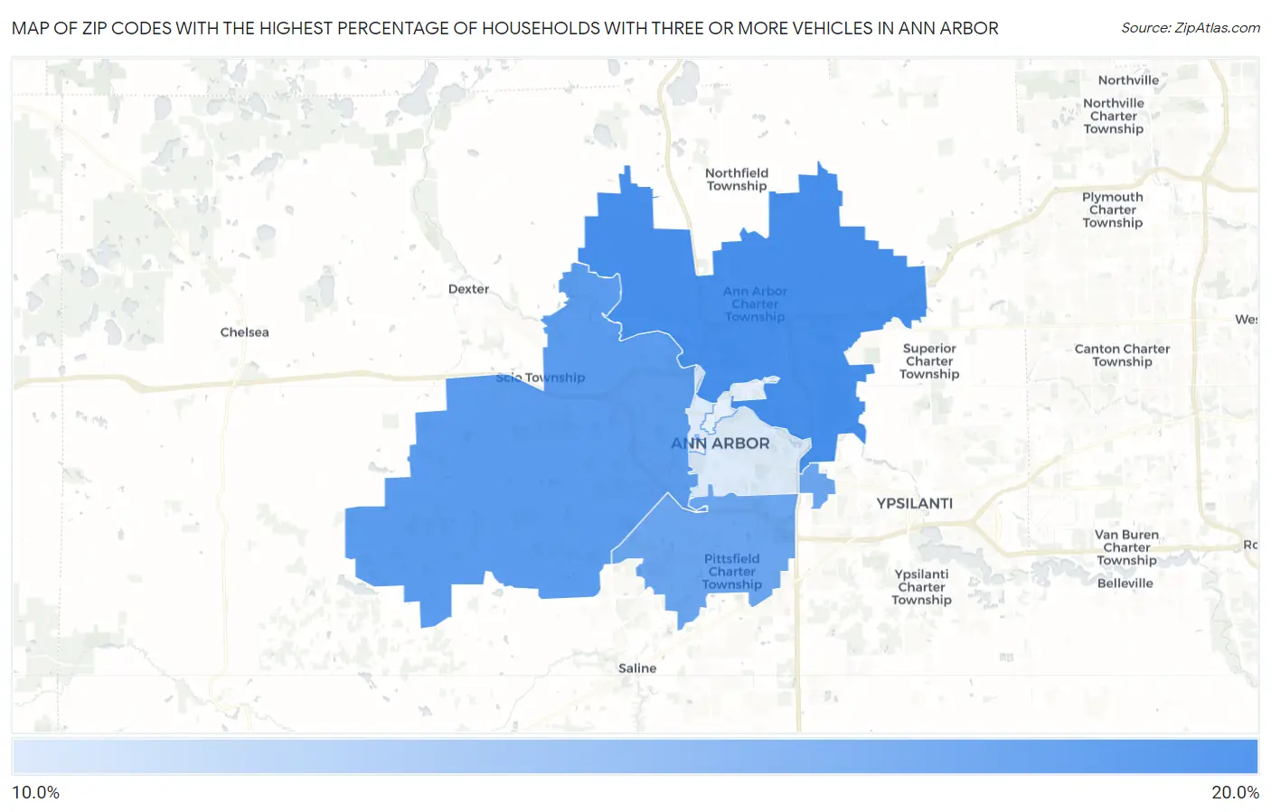 Zip Codes with the Highest Percentage of Households With Three or more Vehicles in Ann Arbor Map