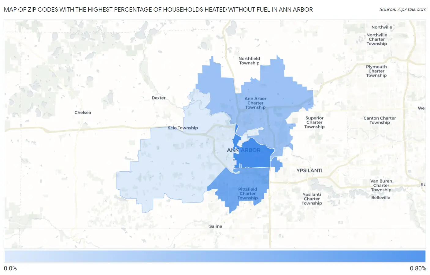 Zip Codes with the Highest Percentage of Households Heated without Fuel in Ann Arbor Map