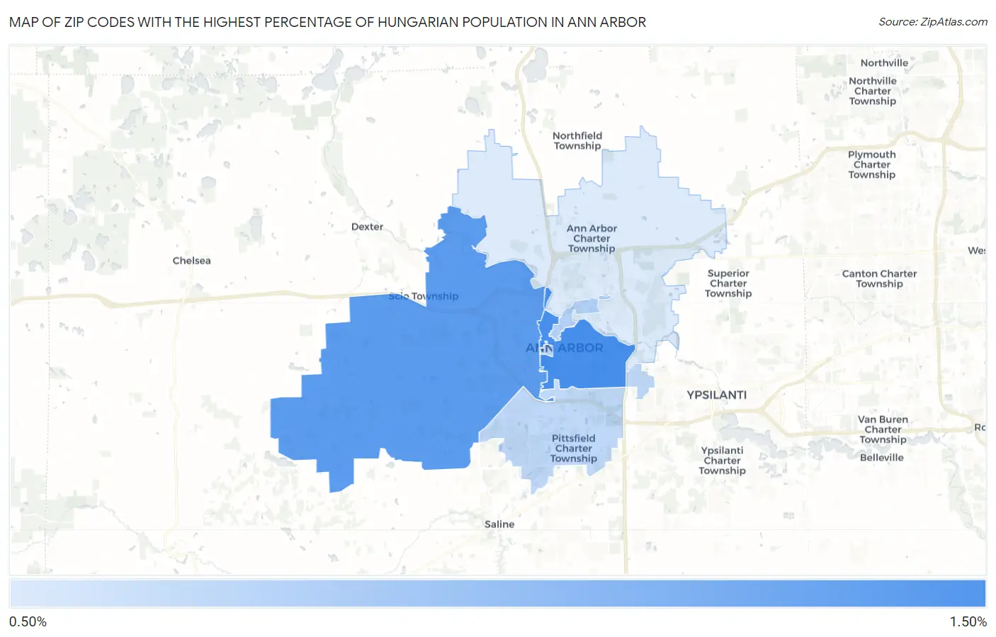 Zip Codes with the Highest Percentage of Hungarian Population in Ann Arbor Map
