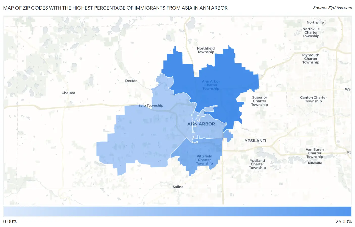 Zip Codes with the Highest Percentage of Immigrants from Asia in Ann Arbor Map