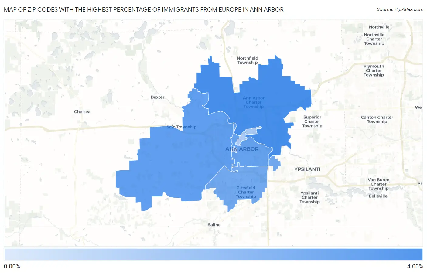 Zip Codes with the Highest Percentage of Immigrants from Europe in Ann Arbor Map