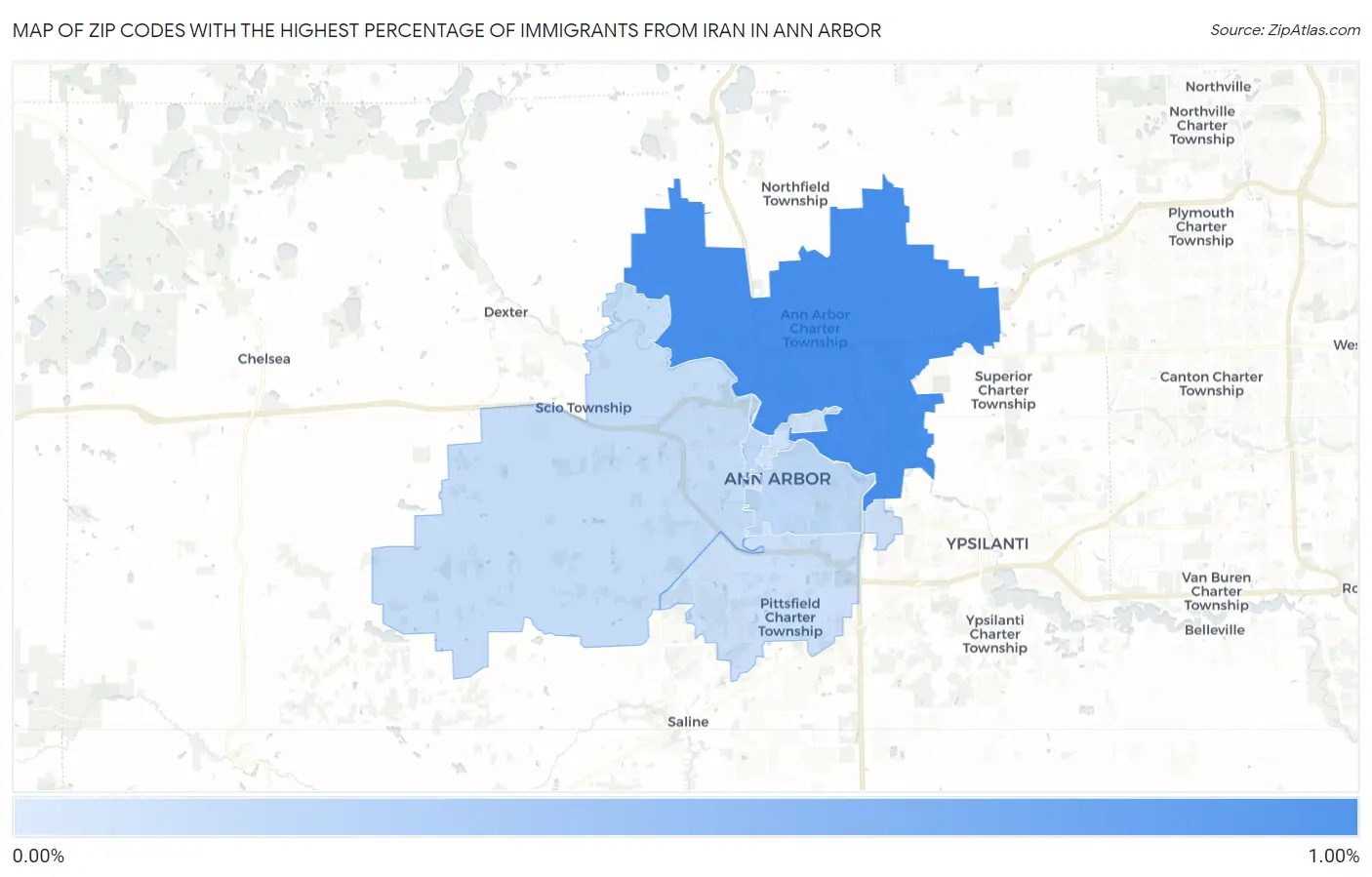 Zip Codes with the Highest Percentage of Immigrants from Iran in Ann Arbor Map