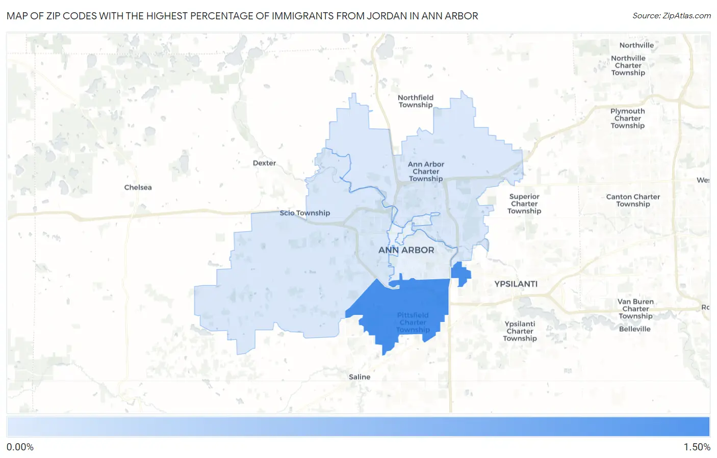 Zip Codes with the Highest Percentage of Immigrants from Jordan in Ann Arbor Map