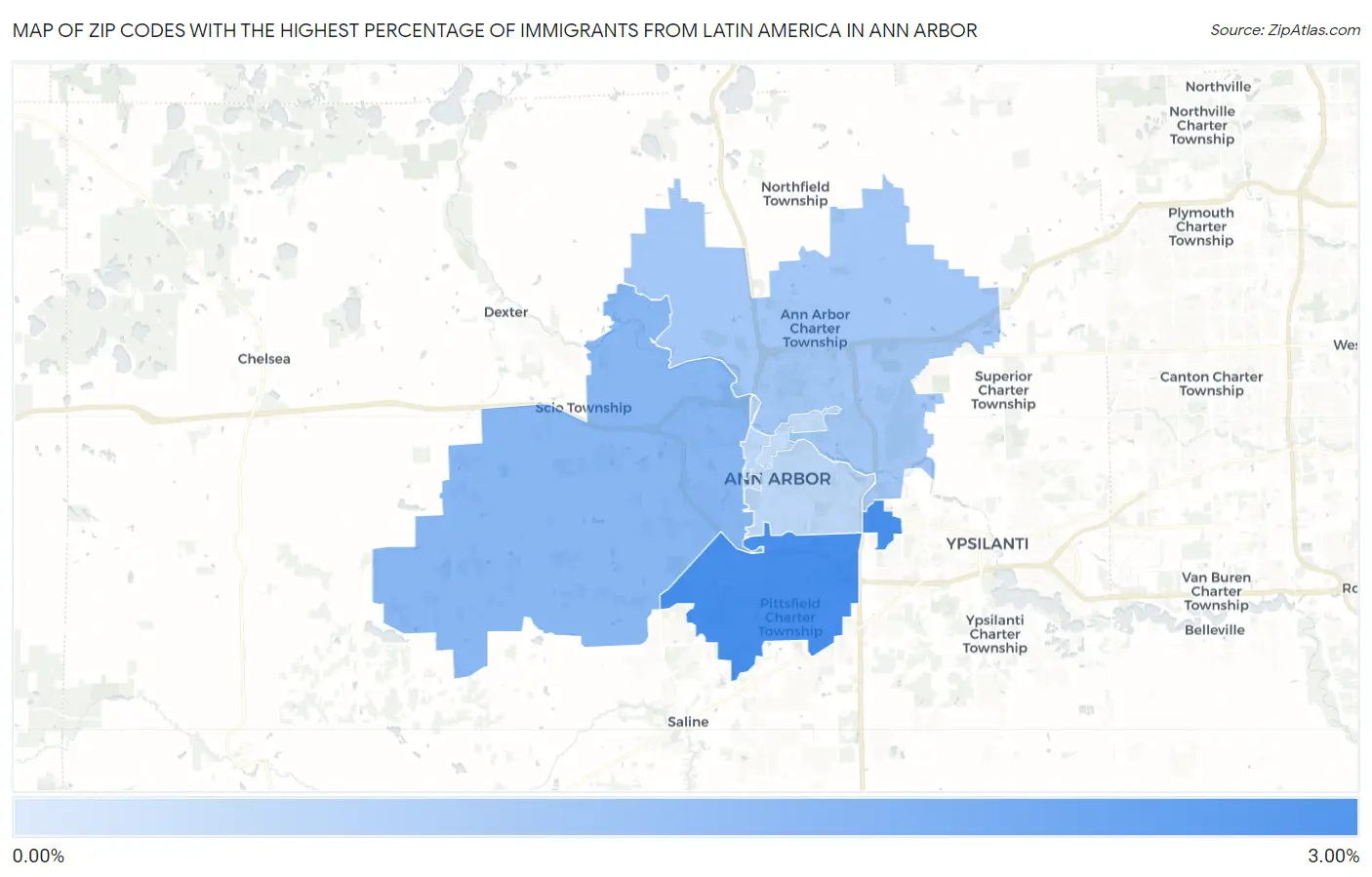 Zip Codes with the Highest Percentage of Immigrants from Latin America in Ann Arbor Map