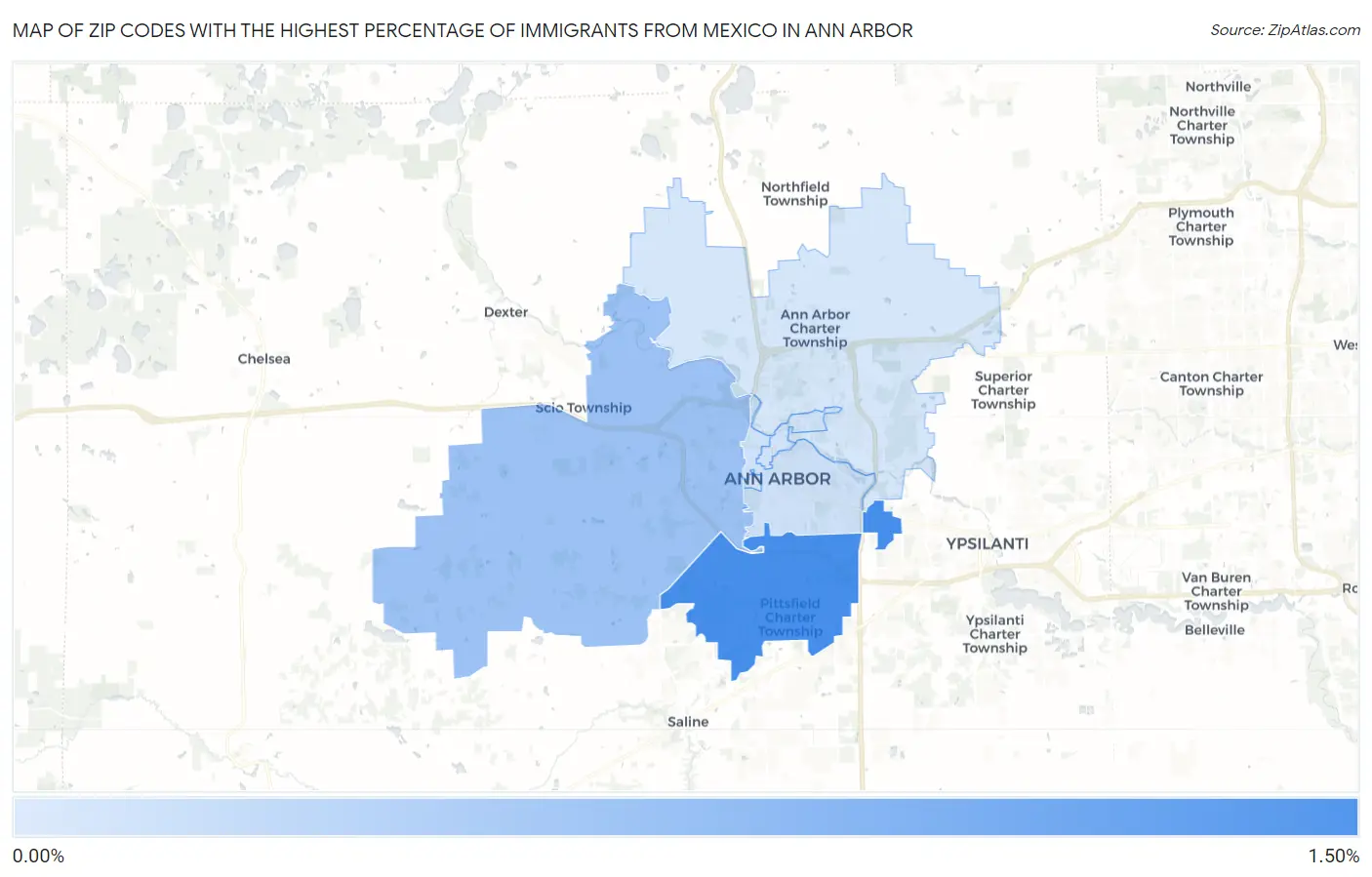 Zip Codes with the Highest Percentage of Immigrants from Mexico in Ann Arbor Map