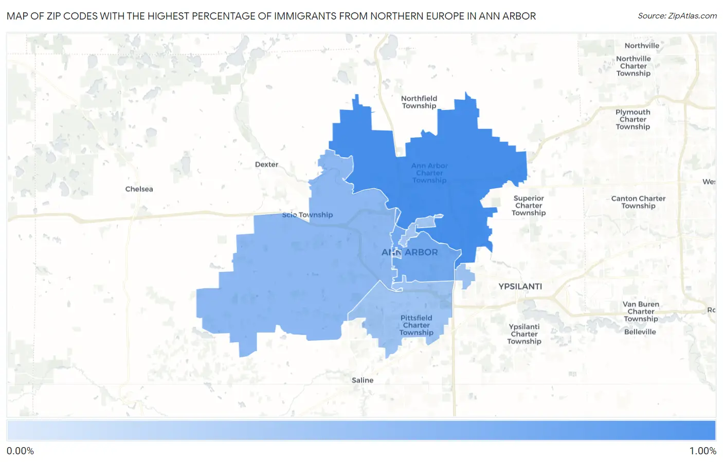 Zip Codes with the Highest Percentage of Immigrants from Northern Europe in Ann Arbor Map