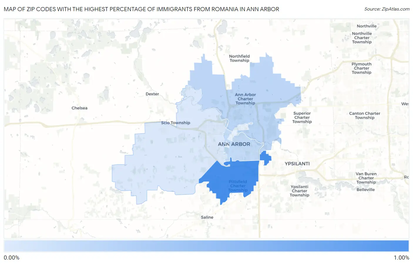 Zip Codes with the Highest Percentage of Immigrants from Romania in Ann Arbor Map