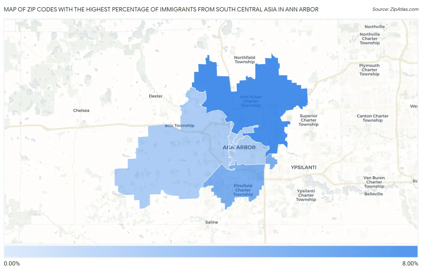 Zip Codes with the Highest Percentage of Immigrants from South Central Asia in Ann Arbor Map