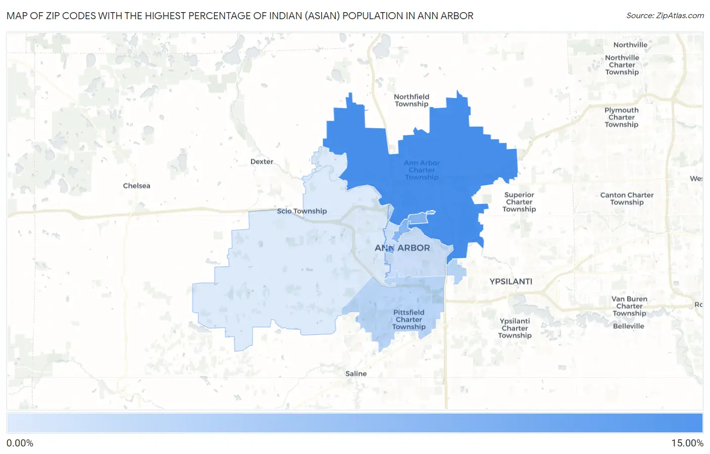Zip Codes with the Highest Percentage of Indian (Asian) Population in Ann Arbor Map