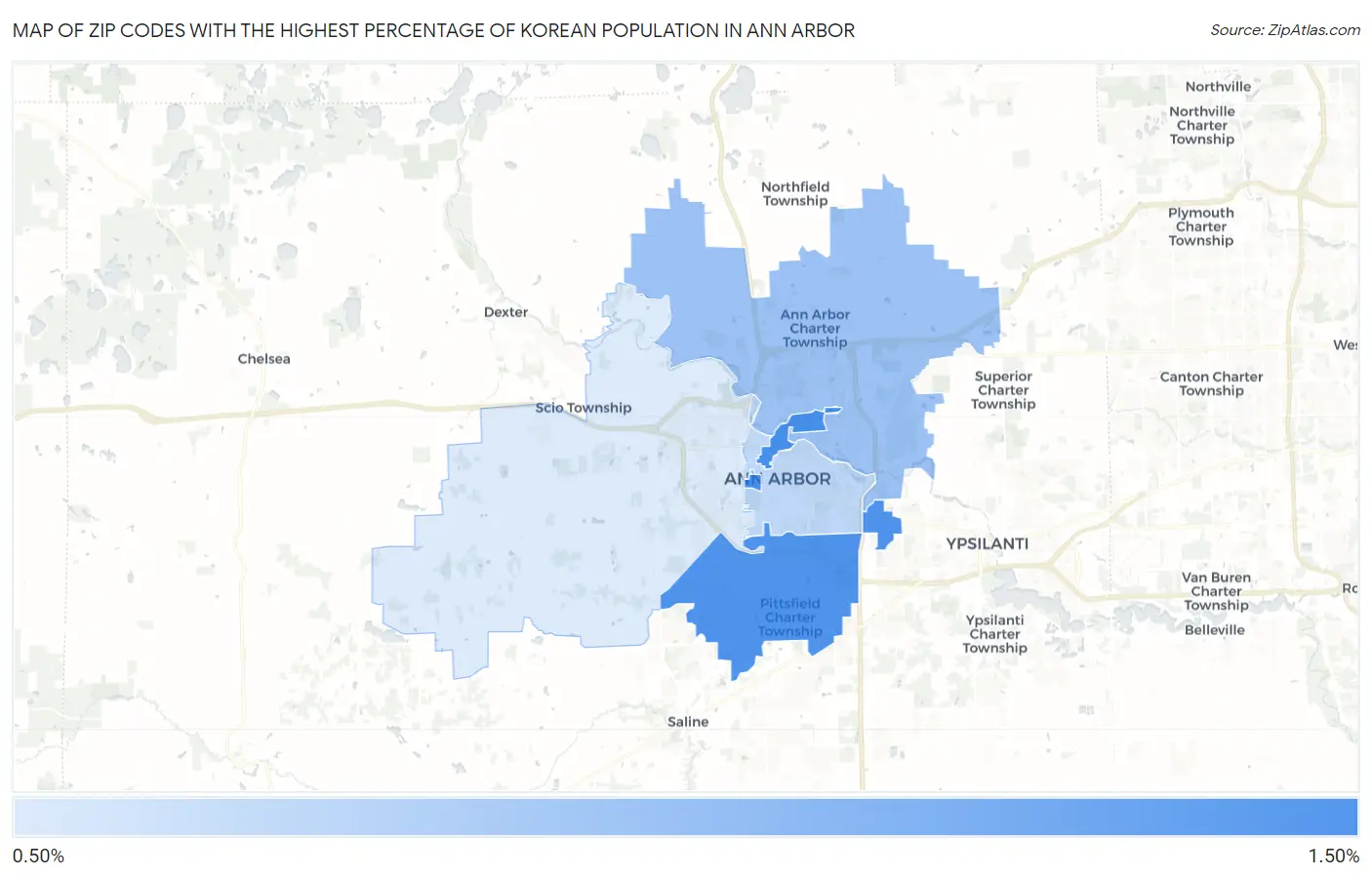 Zip Codes with the Highest Percentage of Korean Population in Ann Arbor Map