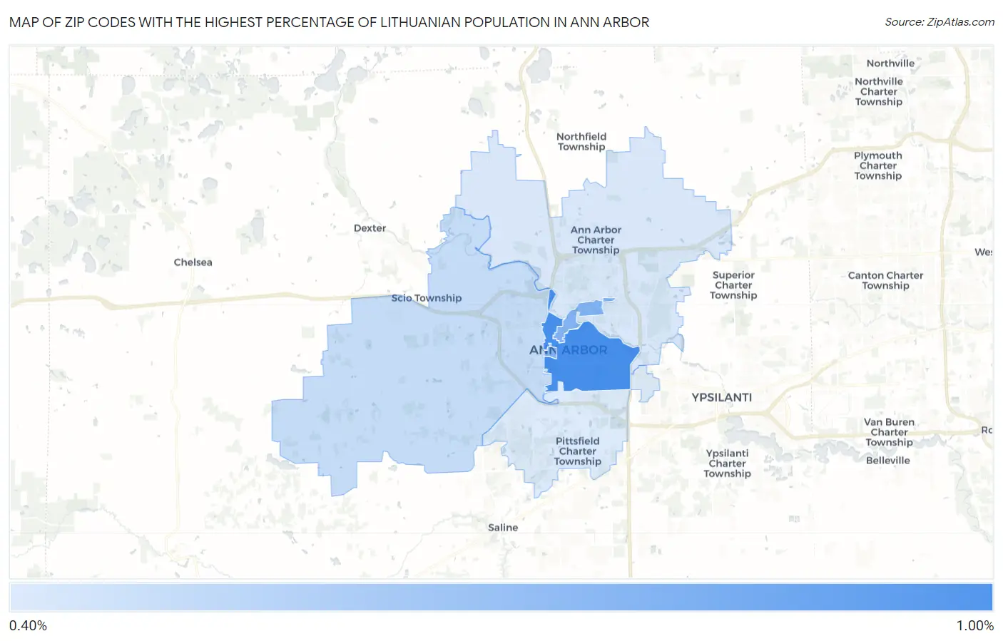 Zip Codes with the Highest Percentage of Lithuanian Population in Ann Arbor Map