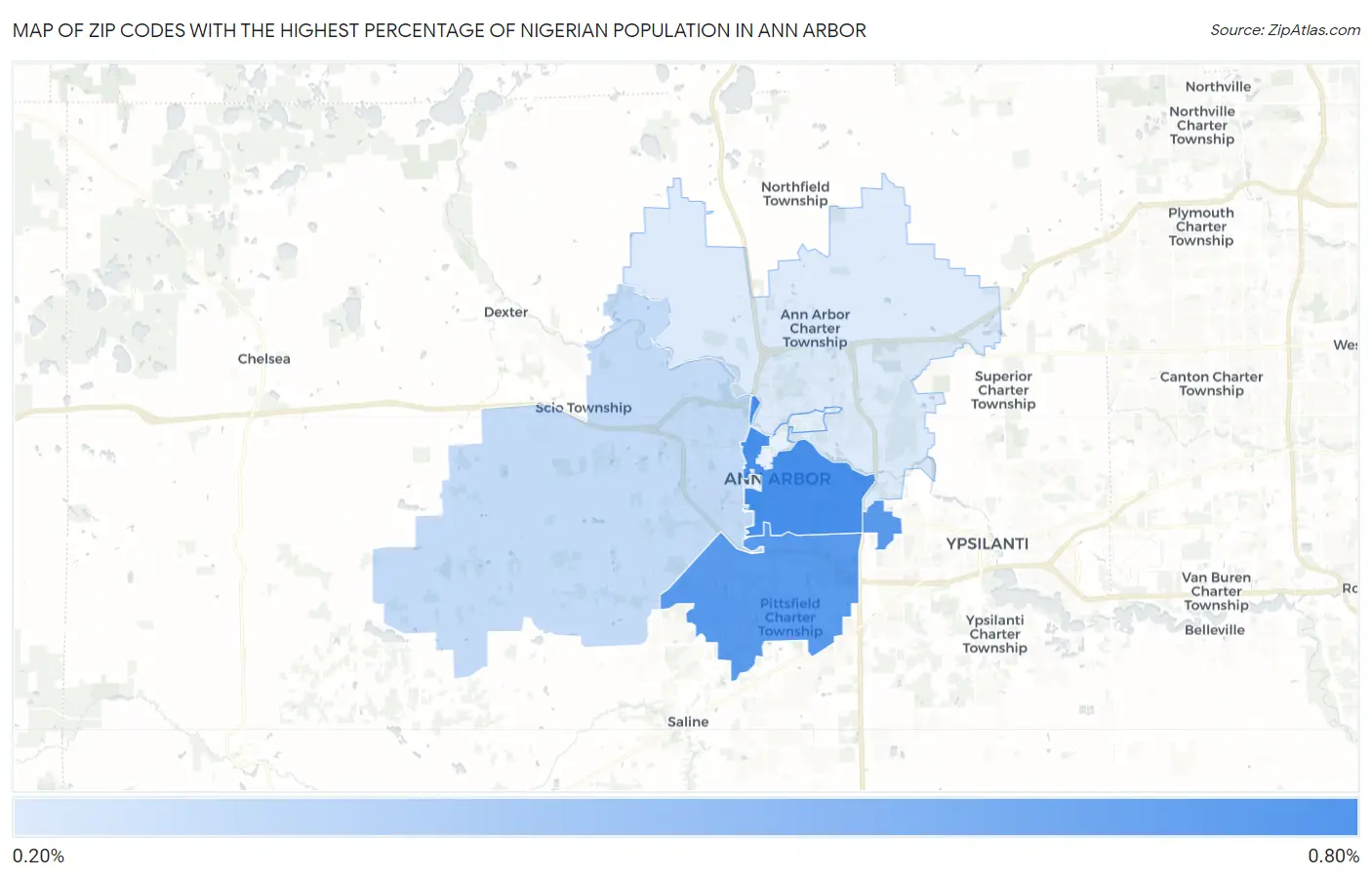 Zip Codes with the Highest Percentage of Nigerian Population in Ann Arbor Map