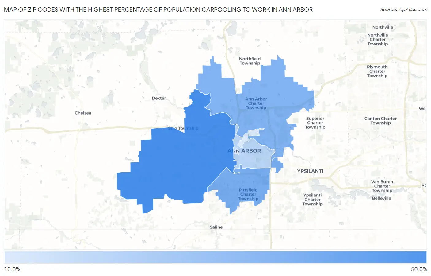 Zip Codes with the Highest Percentage of Population Carpooling to Work in Ann Arbor Map
