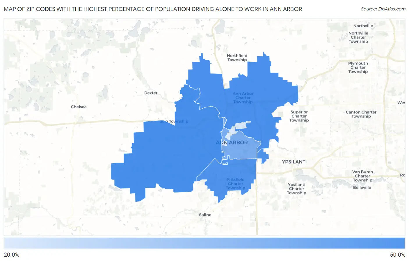Zip Codes with the Highest Percentage of Population Driving Alone to Work in Ann Arbor Map