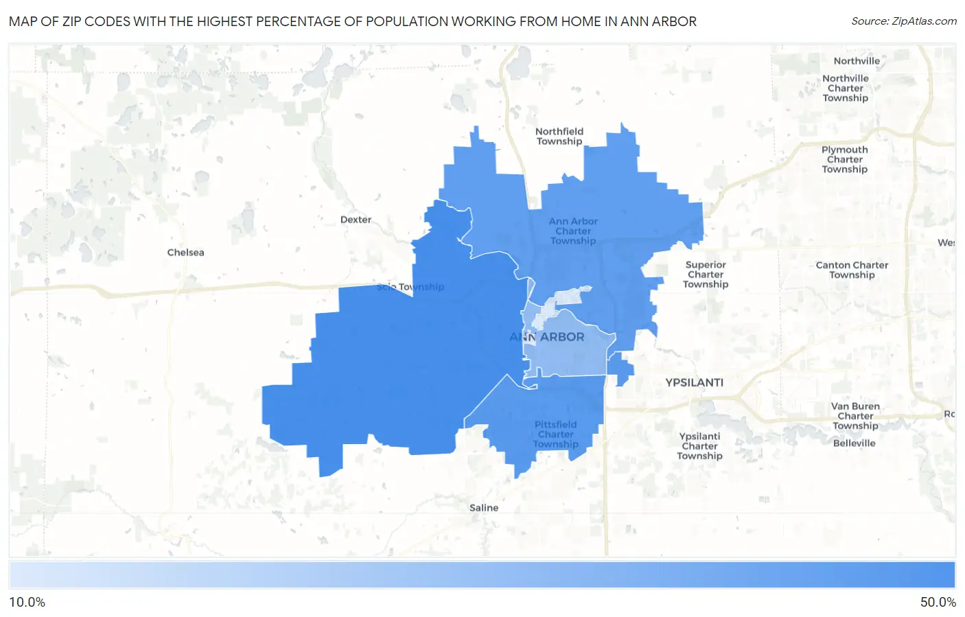 Zip Codes with the Highest Percentage of Population Working from Home in Ann Arbor Map