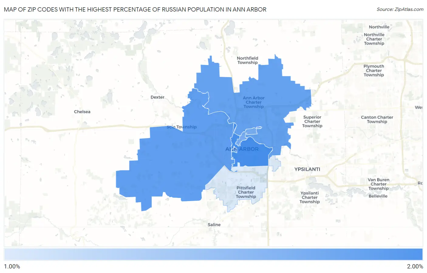 Zip Codes with the Highest Percentage of Russian Population in Ann Arbor Map