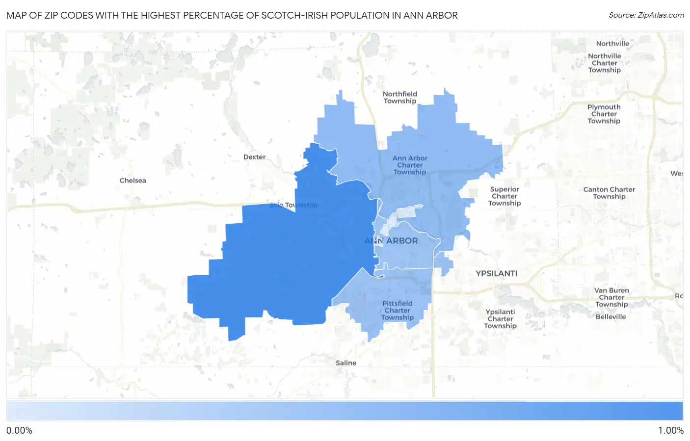 Zip Codes with the Highest Percentage of Scotch-Irish Population in Ann Arbor Map