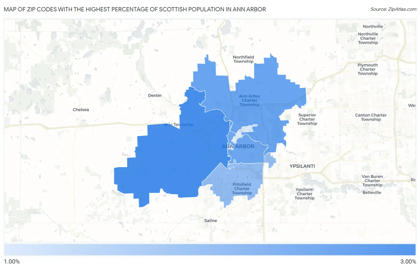 Zip Codes with the Highest Percentage of Scottish Population in Ann Arbor Map