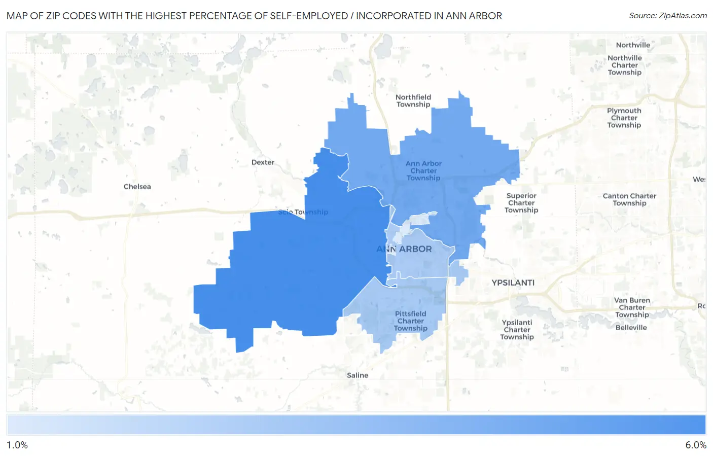 Zip Codes with the Highest Percentage of Self-Employed / Incorporated in Ann Arbor Map