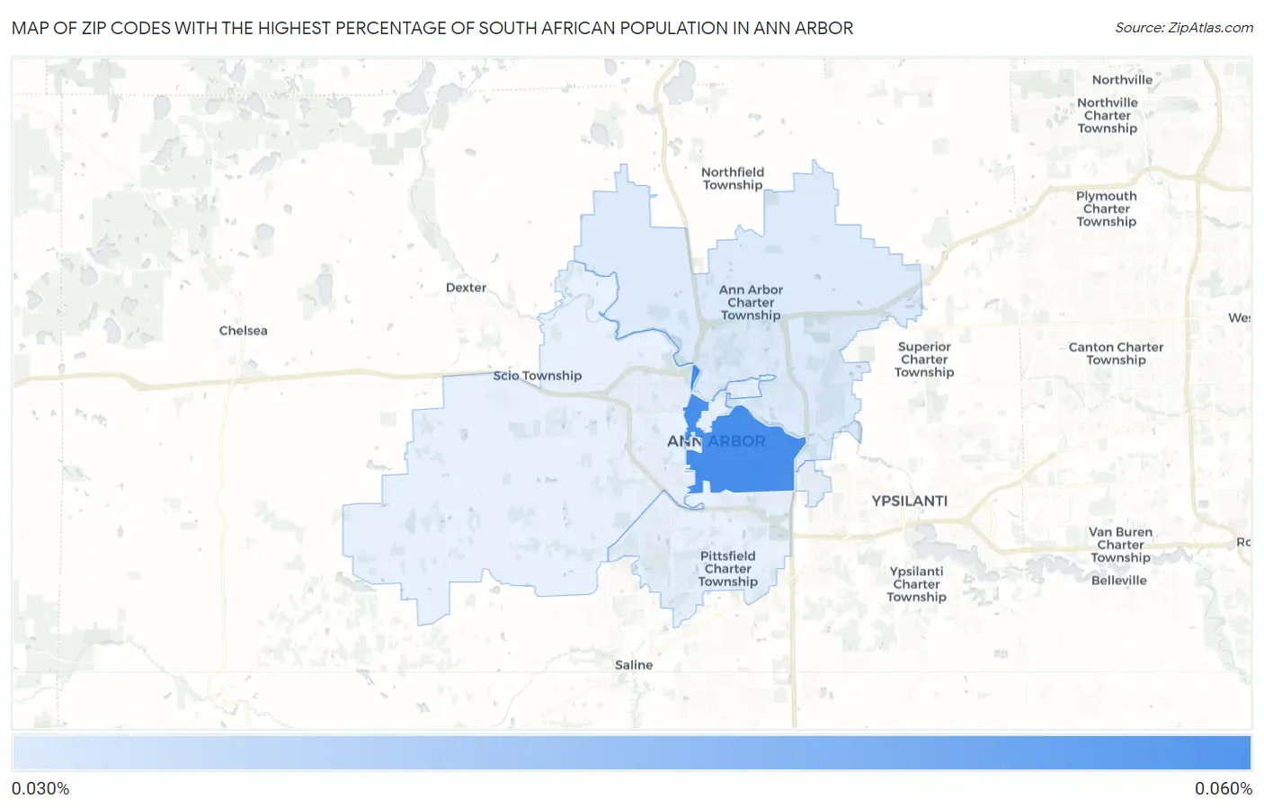 Zip Codes with the Highest Percentage of South African Population in Ann Arbor Map