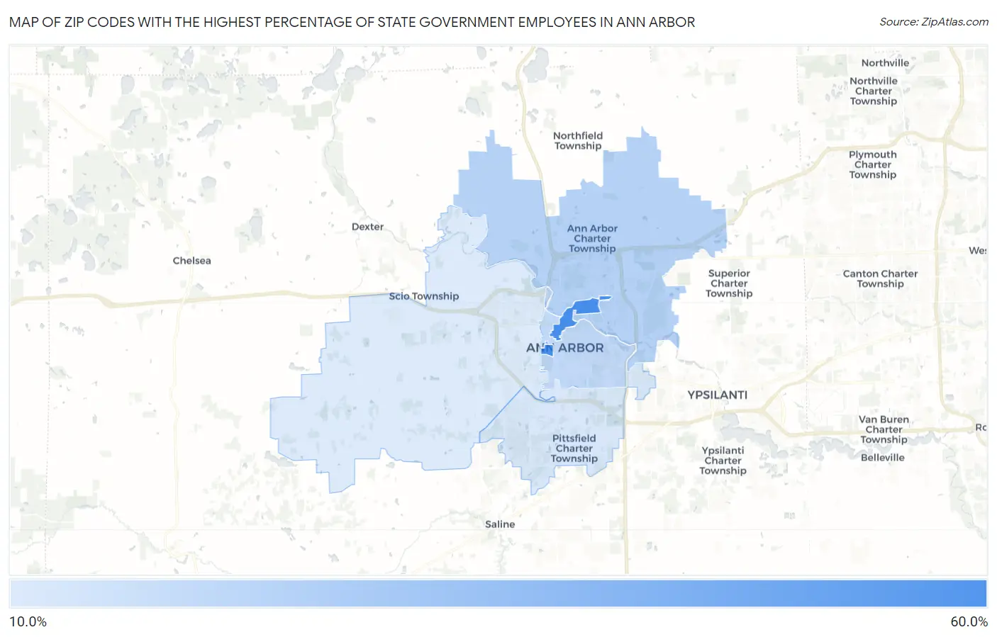 Zip Codes with the Highest Percentage of State Government Employees in Ann Arbor Map