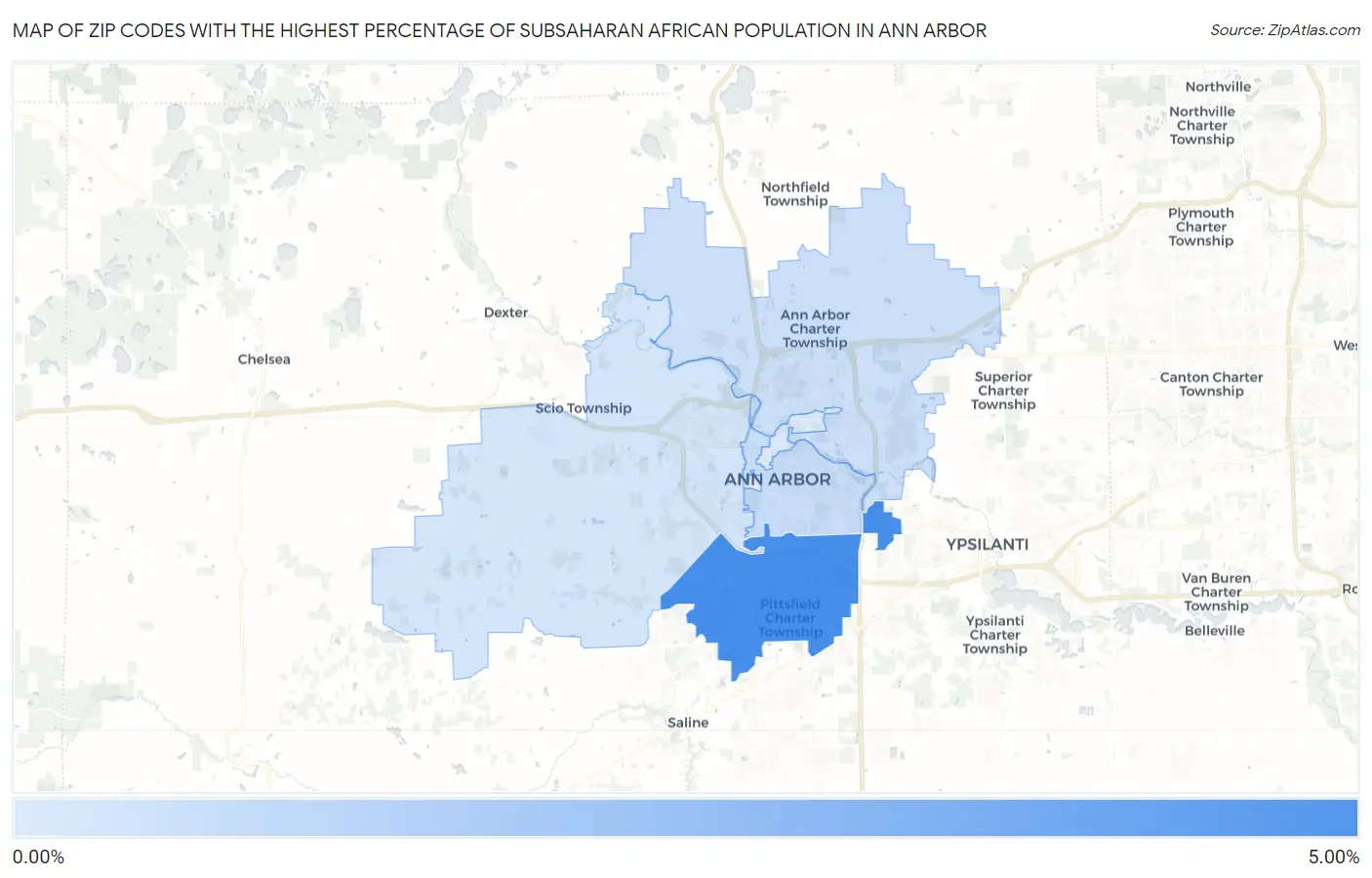 Zip Codes with the Highest Percentage of Subsaharan African Population in Ann Arbor Map