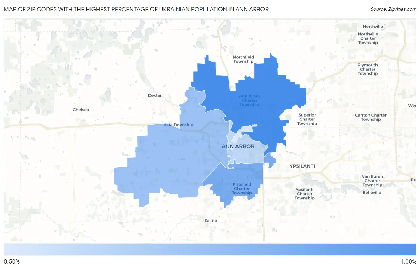 Zip Codes with the Highest Percentage of Ukrainian Population in Ann Arbor Map