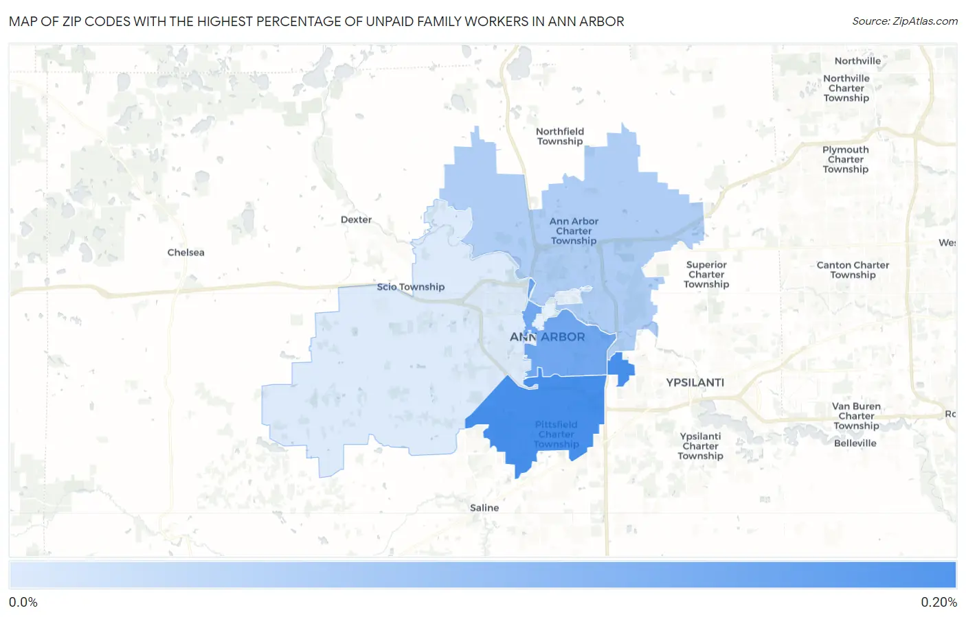 Zip Codes with the Highest Percentage of Unpaid Family Workers in Ann Arbor Map