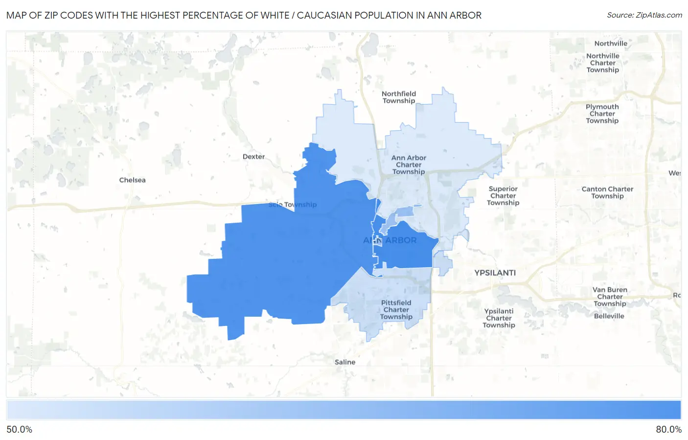 Zip Codes with the Highest Percentage of White / Caucasian Population in Ann Arbor Map