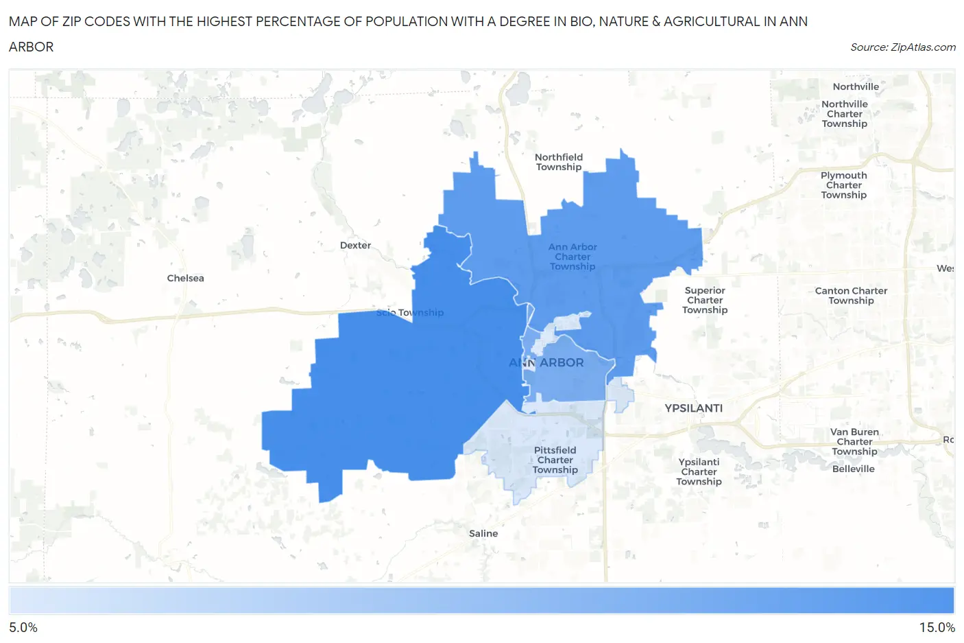 Zip Codes with the Highest Percentage of Population with a Degree in Bio, Nature & Agricultural in Ann Arbor Map