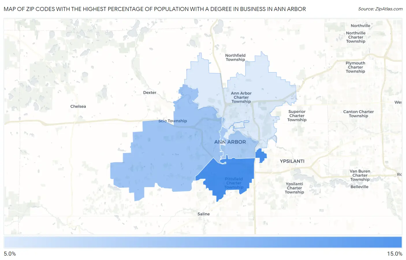 Zip Codes with the Highest Percentage of Population with a Degree in Business in Ann Arbor Map