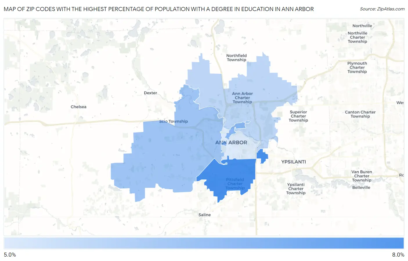 Zip Codes with the Highest Percentage of Population with a Degree in Education in Ann Arbor Map