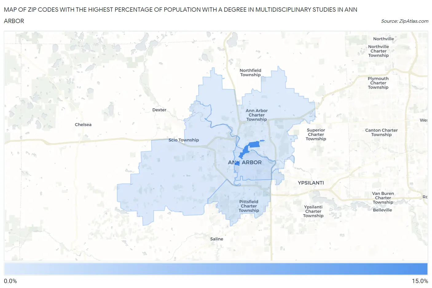 Zip Codes with the Highest Percentage of Population with a Degree in Multidisciplinary Studies in Ann Arbor Map