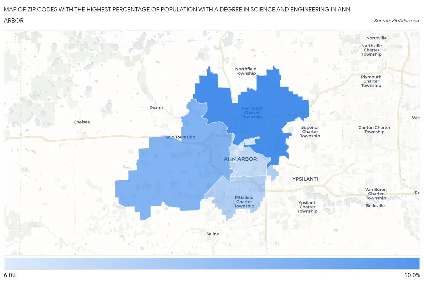 Zip Codes with the Highest Percentage of Population with a Degree in Science and Engineering in Ann Arbor Map