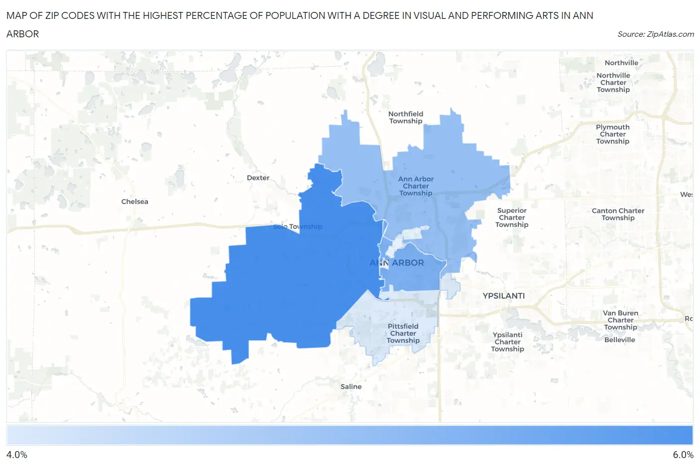 Zip Codes with the Highest Percentage of Population with a Degree in Visual and Performing Arts in Ann Arbor Map