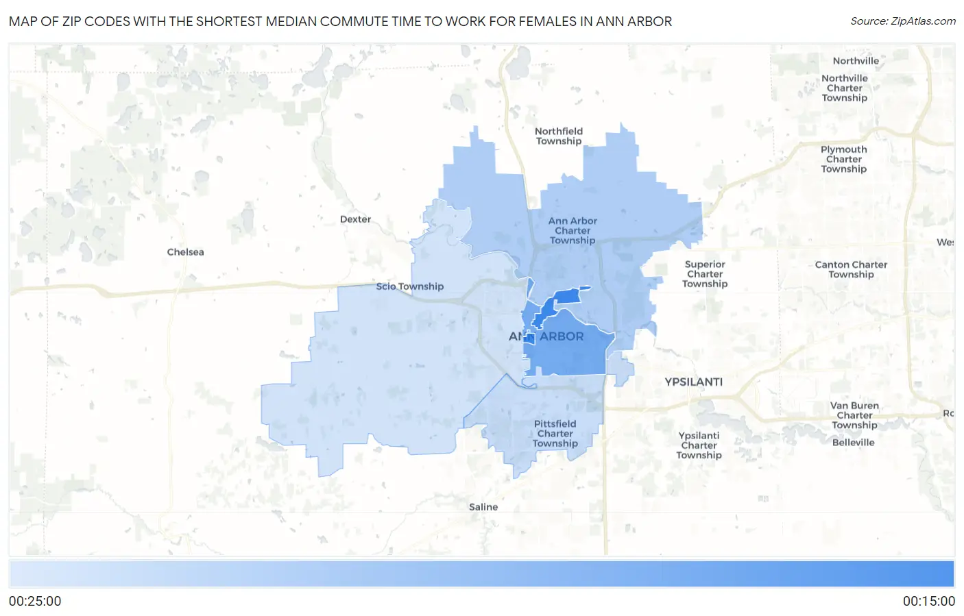 Zip Codes with the Shortest Median Commute Time to Work for Females in Ann Arbor Map