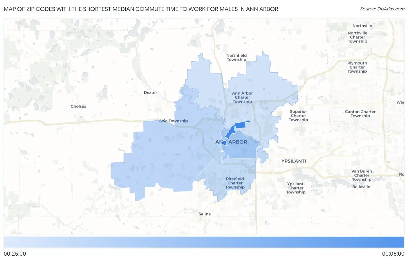 Zip Codes with the Shortest Median Commute Time to Work for Males in Ann Arbor Map