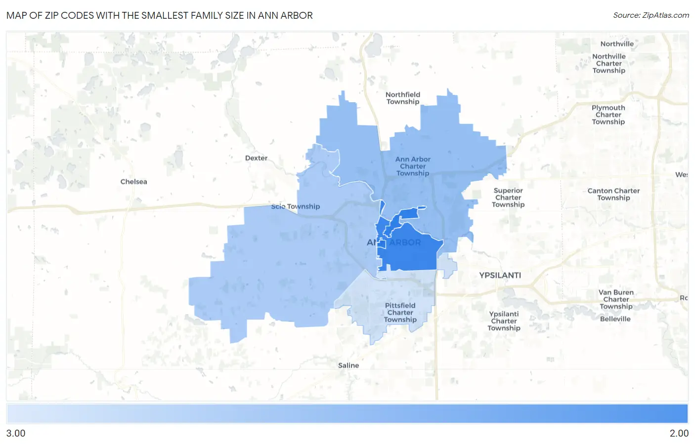 Zip Codes with the Smallest Family Size in Ann Arbor Map