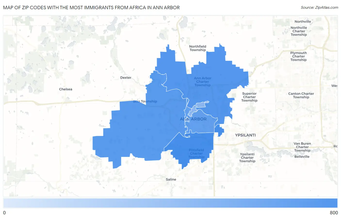 Zip Codes with the Most Immigrants from Africa in Ann Arbor Map