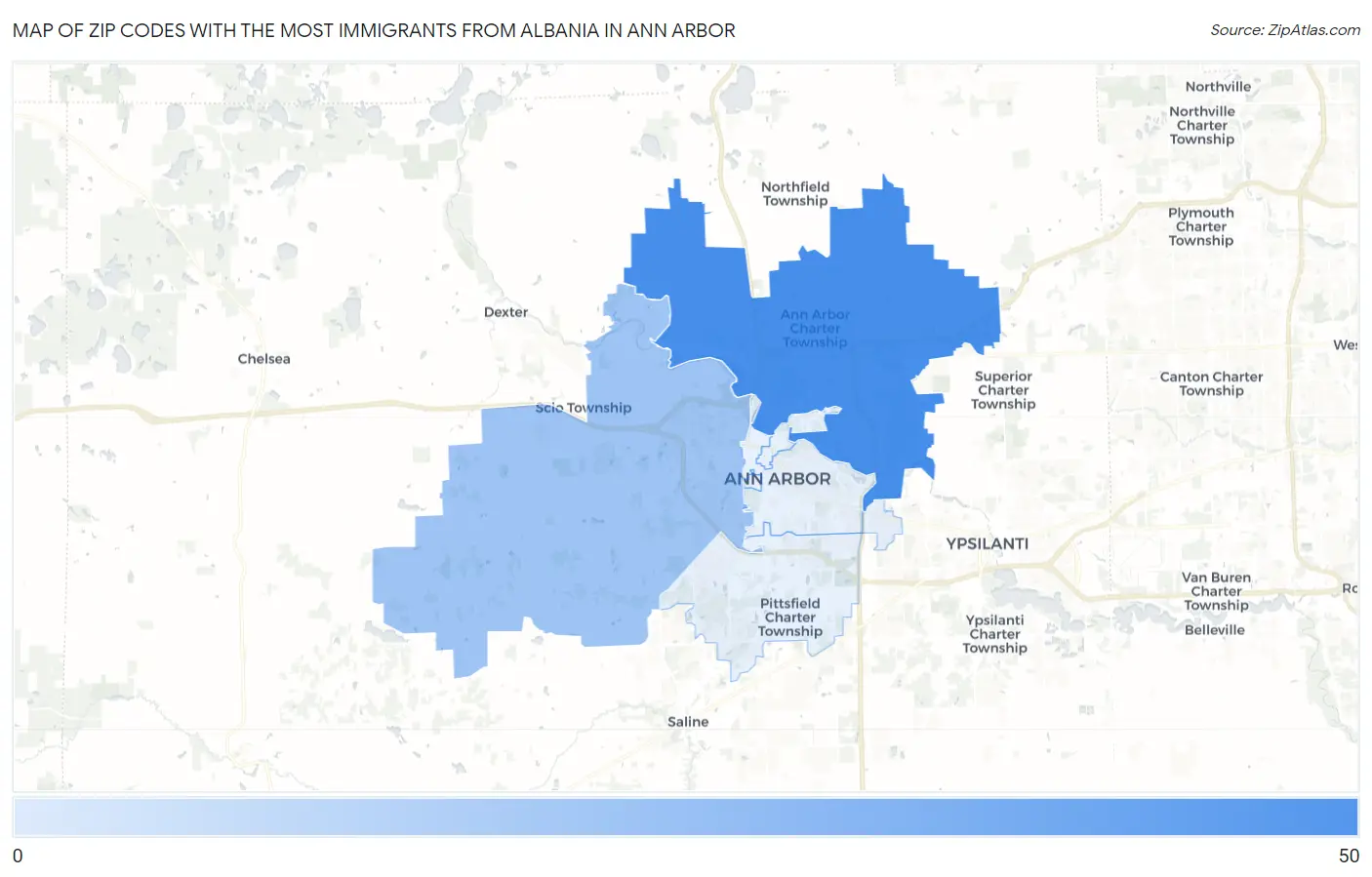 Zip Codes with the Most Immigrants from Albania in Ann Arbor Map