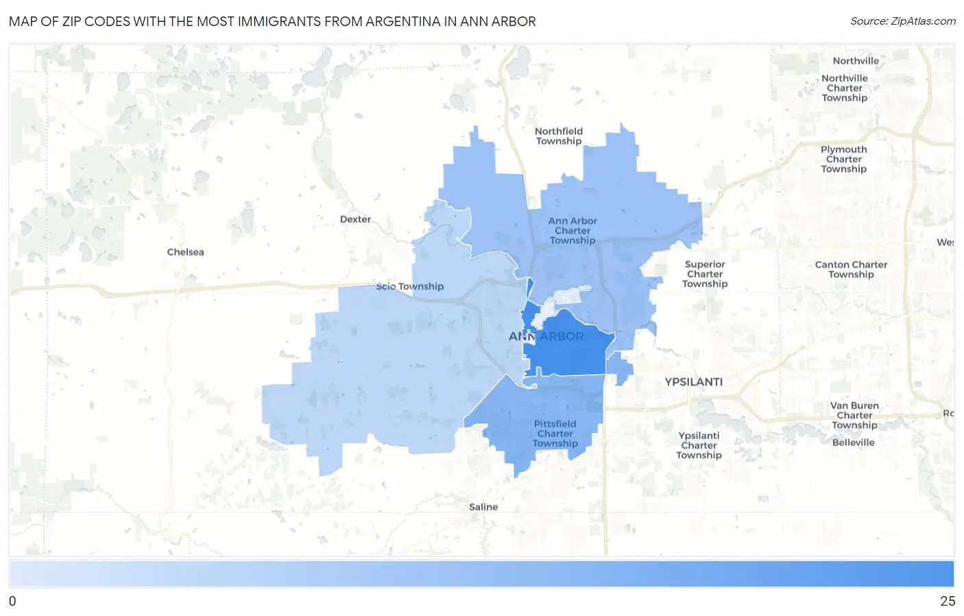 Zip Codes with the Most Immigrants from Argentina in Ann Arbor Map