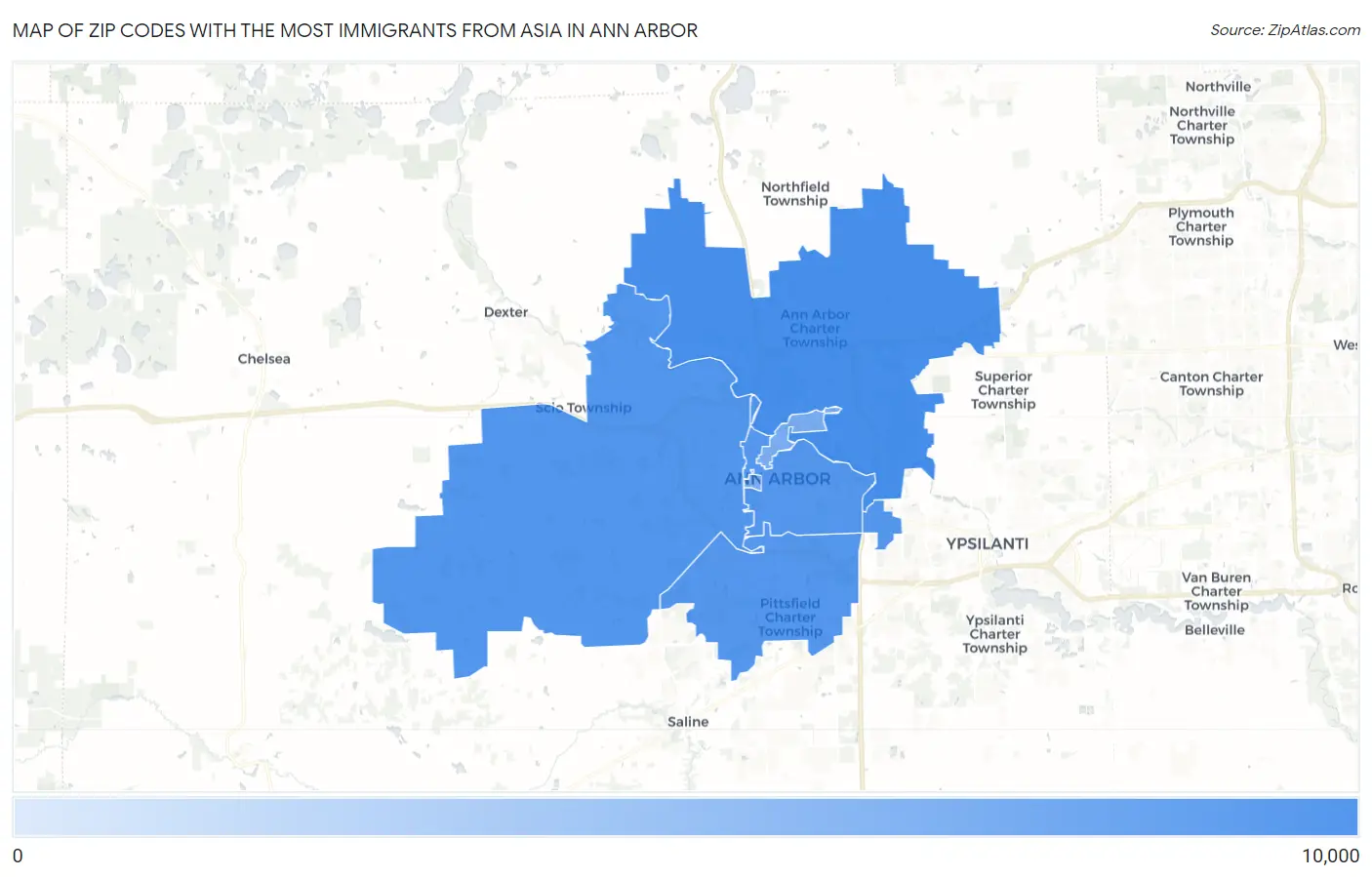 Zip Codes with the Most Immigrants from Asia in Ann Arbor Map