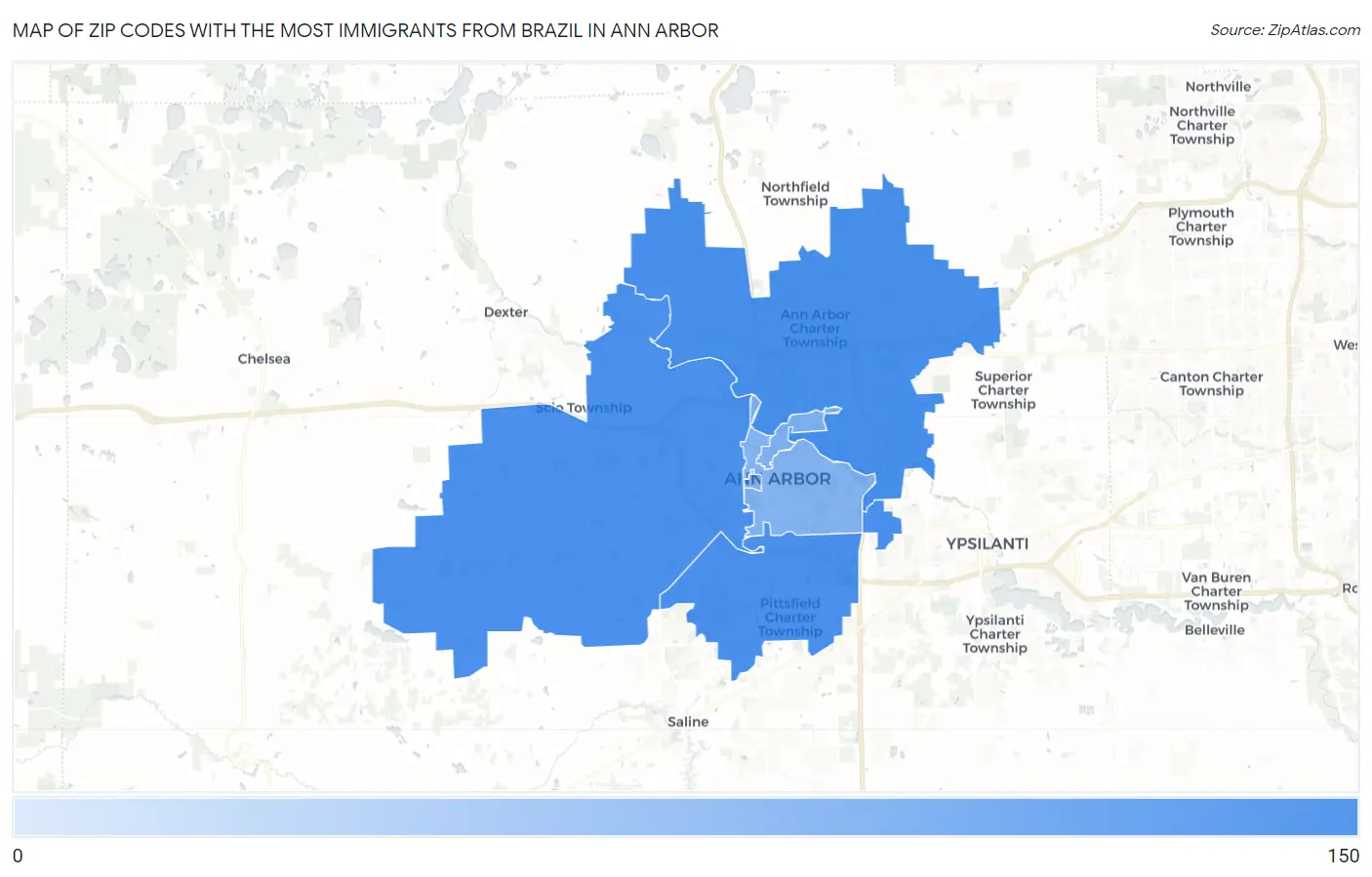 Zip Codes with the Most Immigrants from Brazil in Ann Arbor Map
